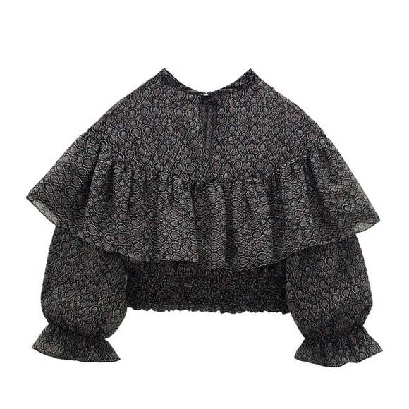 New! ZARA Metallic Thread Ruffles Smock Cropped Printed Blouse Top - Picture 6 of 16